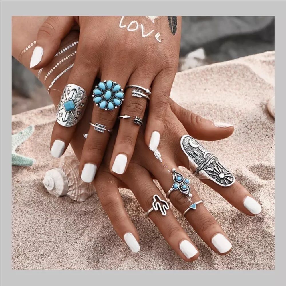 9pcs Boho Women ring set desert southwestern NEW all sizes NIP faux turquoise